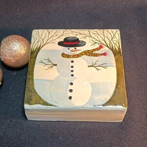 Vintage Foreside Lacquerware Hand-painted 6 Snowman Boxed Coasters